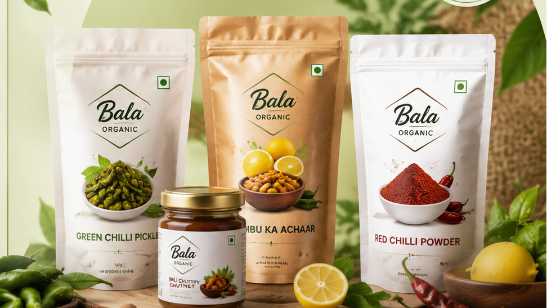 A promotional banner for Bala Organic spices, showing several handpicked product pouches and jars on a wooden stand, surrounded by fresh ingredients like green chilies, red chili powder, and lemons, with text overlays on a green background.